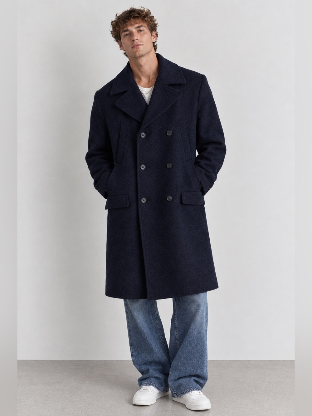 H&M double breasted navy blue winter pea coat trench overcoat - size 46R